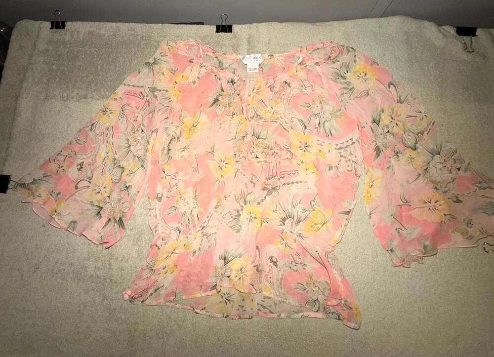 Allison Taylor Floral Blouse Size L Pink Silk Bell Sleeve Top
